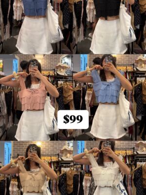 粗肩帶蛋糕紋蝴蝶結Top (6色入)