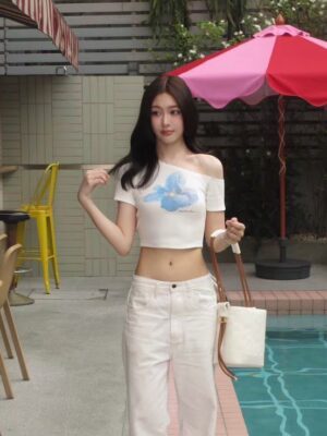 熱賣！度假風印花斜肩上衣