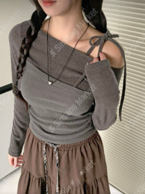 【OCT`快閃優惠】超美混色!針織綁帶假兩件上衣