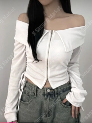 【OCT`快閃優惠】超顯瘦!露鎖骨(〃∀〃)反領拉鍊側束繩TOP