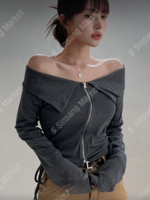 【OCT`快閃優惠】超顯瘦!露鎖骨(〃∀〃)反領拉鍊側束繩TOP