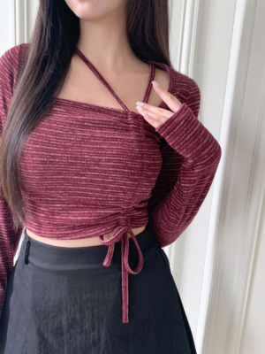 【OCT`快閃優惠】軟糯針織交叉束繩上衣