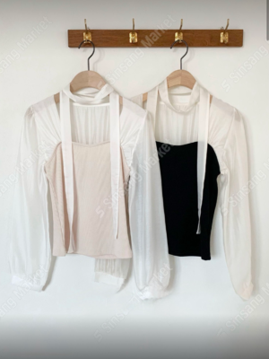 【OCT`快閃優惠】珍珠透膚長袖Blouse (連頸帶)