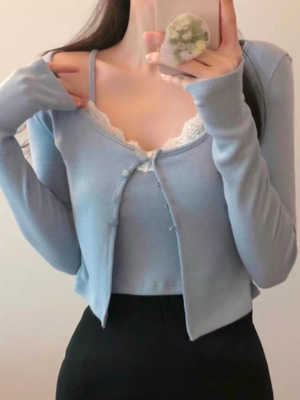 【COMEBACK！】珍珠鈕扣蕾絲假兩件 長袖版