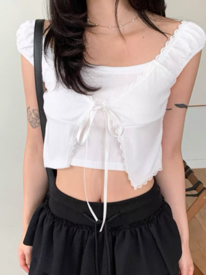 超韓!絲帶蕾絲邊邊假兩件上衣