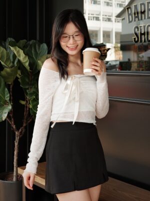 透視不對稱蝴蝶結網紗TOP (3色入)