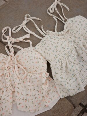 碎花吊帶束胸蝴蝶結背心 (4色入)