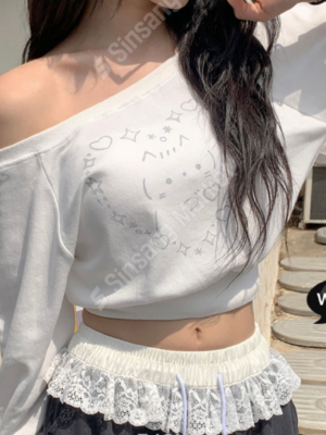 【OCT`快閃優惠】可愛貓咪斜肩上衣