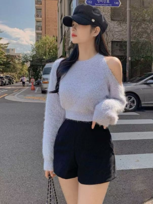 【DEC`快閃優惠團】糖果色單側露肩毛衣