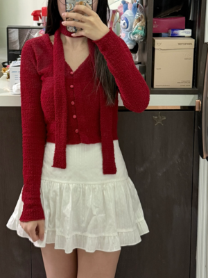 【DEC`快閃優惠】毛粒軟糯珍珠鈕釦CROP TEE (連頸帶)