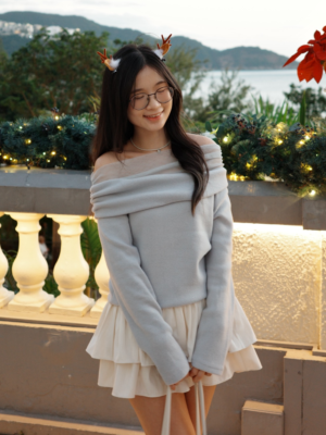 【DEC`快閃優惠】打卡爆靚!網紗拼接厚毛絨一字肩