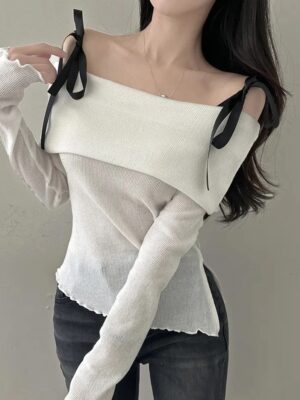 【Feb Vol.1】拼色Ribbon一字肩