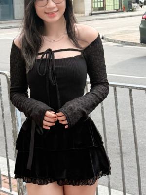 【三月新品】多綁帶穿法~Lace手袖直紋修身上衣