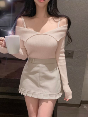 【MAR`26快閃優惠】翻領薄針織一字肩