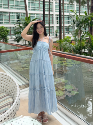 【泰國親身搜羅款式】泡泡格紋連Pad吊帶長裙 Soft Breeze Checked Dress