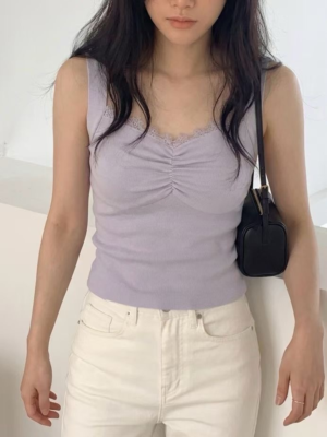【JUN`26快閃優惠】淡淡紫💜遮副乳蕾絲邊針織背心