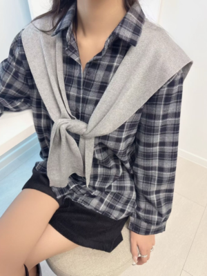【九月🍂NEW IN】🇰🇷 秋冬格紋襯衫披肩兩件套